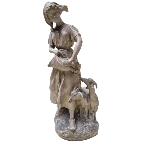 Richard Aurili Terracotta Beeld 'jongedame Met Twee Geiten' 1