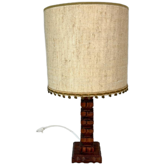 Vintage Tafellamp - Houtsnijwerk - Jute Kap Boho Brutalisme 1