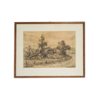 Antique Dutch Countryside Landscape Drawing By P. Schmidt * 1920S * Framed * Original Sketch thumbnail 1