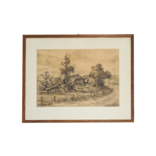 Antique Dutch Countryside Landscape Drawing By P. Schmidt * 1920S * Framed * Original Sketch