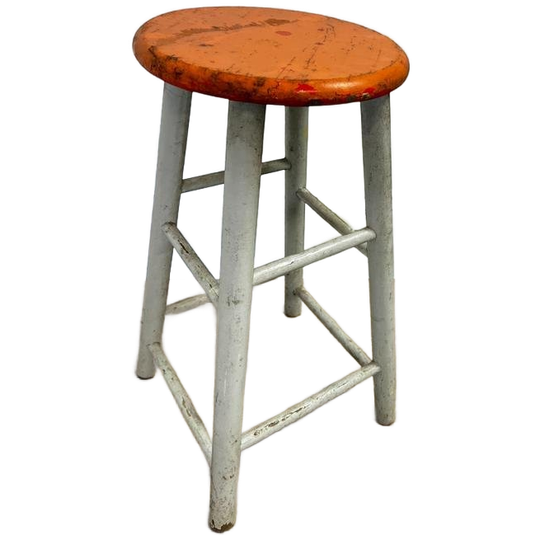 Vintage Houten Oranje Kruk / Barkruk / Tabouret 1