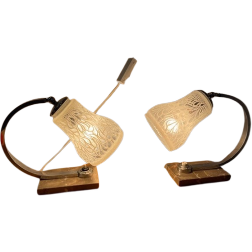 Set Of 2 Art Deco Marble And Glass Desk Lamps