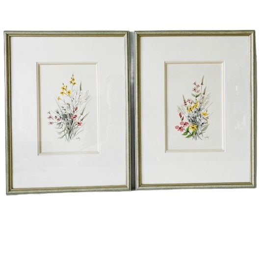 Set Ingelijste Aquarellen Bloemen Vintage 1