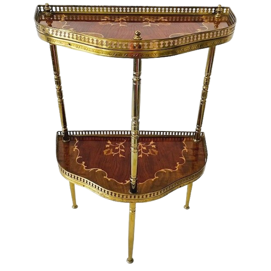 Vintage Mid-century Italiaanse Console Halve Maan Tafel Ingelegd Hout Messing 1