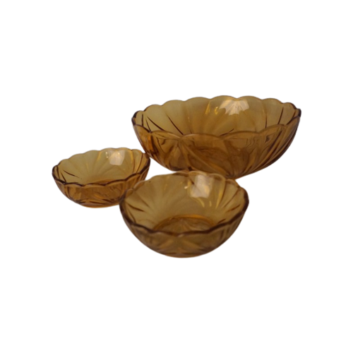 Vintage Amber Pressed Glass Fruit Bowl And Two Small Bowls