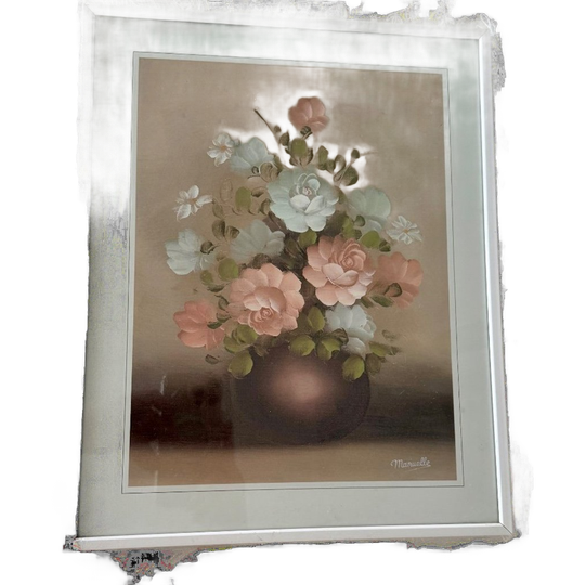 Vintage Aquarel Prent Pastelkleuren Schilderij Stilleven Prent, Bloemen In Vaas Ingelijst 1