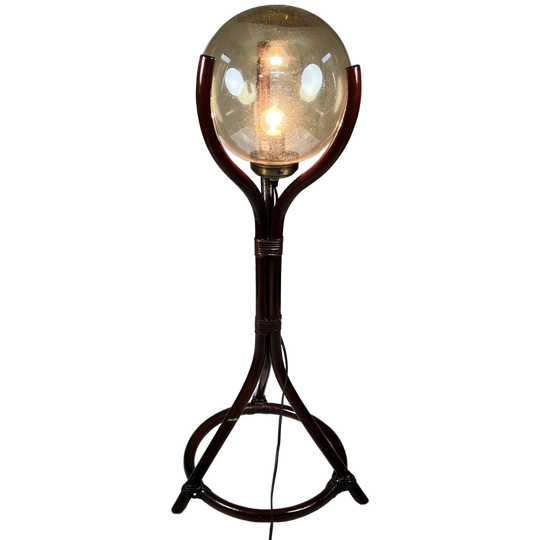 Vintage Bollamp / Vloerlamp Op Rotan Voet, Rookglas, Duitsland 1980's 1