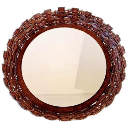 70's Vintage Spiegel Rotan Spiegel Ronde Retro Spiegel 1