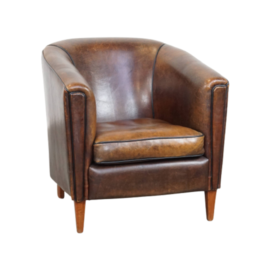 Donkere En Strakke, Luxe Schapenleren Clubfauteuil Met Prachtige Kleuren 1
