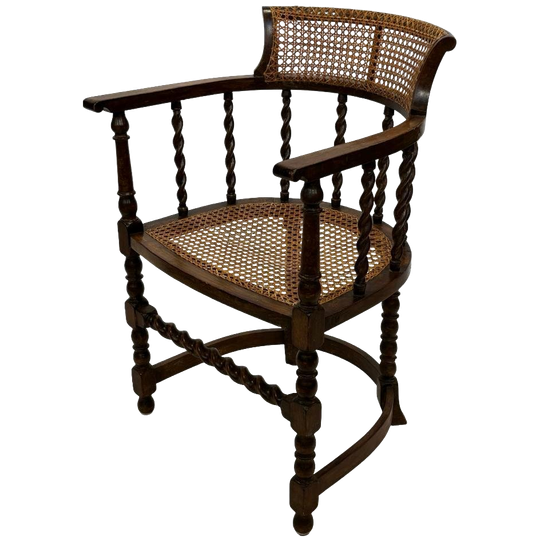 Antieke Edwardiaanse Stoel Hout & Riet Design Fauteuil 1