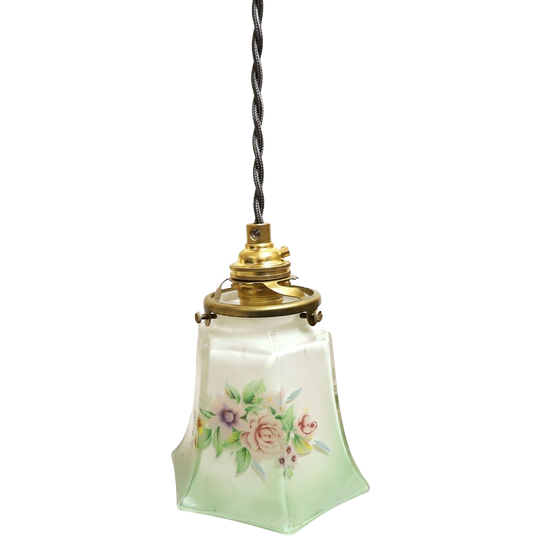 Antiek Hanglampje Glazen Kapje Met Bloemen, Engeland 1900 Tot 1940 1