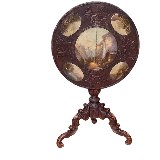 Antieke Tilttop Tafel 19E Eeuw Met 5 Schilderingen 1