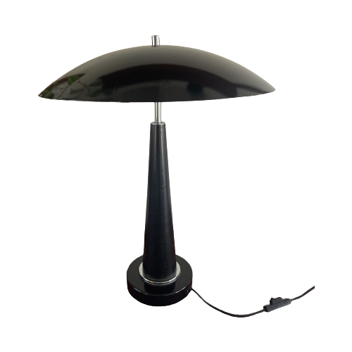Mushroom Lamp, Zwart Met Chroom Tafellamp, Metaal En Hout . Midcentury Mushroom Tafellamp