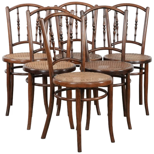 Prachtige Set Van 6 Houten Vintage Bistro Stoelen Van Jacob & Josef Kohn Wien Met Rieten Zitting 1