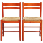 Leuke Set Van 2 Rode Vintage Houten Stoelen Uit De Jaren ’70 Met Een Gevlochten Rieten Zitting thumbnail 1