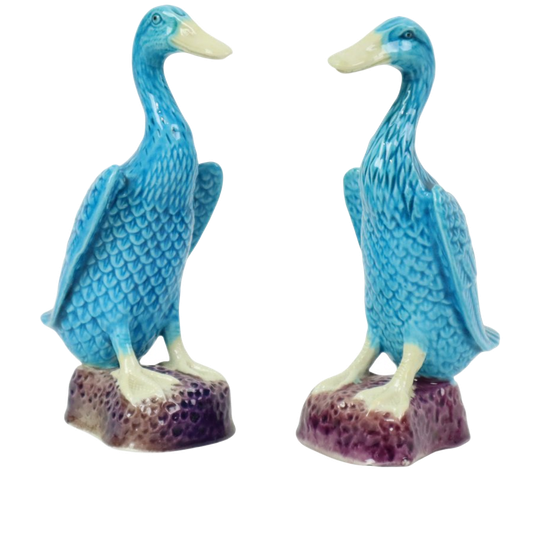 Vintage Eend Beeldje Figuur Koppel Blauw Chinees Porselein 12cm 1