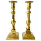 Set Zware Vlaamse Messing Gouden Kandelaars Vierkant 1900’s thumbnail 1