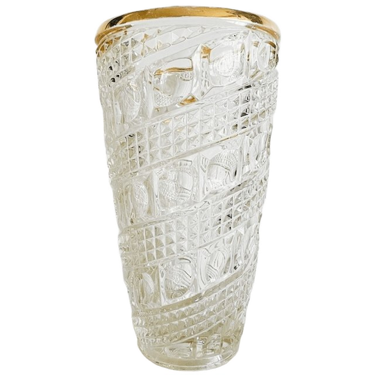 Vintage Kristal Hollywood Regency Kristallen Vaas Goud Vergulde Rand 1970’s 1