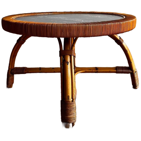 Rotan Bamboe Salontafel Met Marmer Look Vintage 1