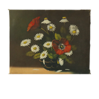 Bloemen Stilleven Schilderij Margrieten Klaproos Gesigneerd 47x38cm thumbnail 1
