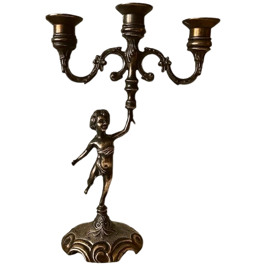 Vintage Zware Messing Putti Cherubijn 3-armige Kandelaar 1960’s 1