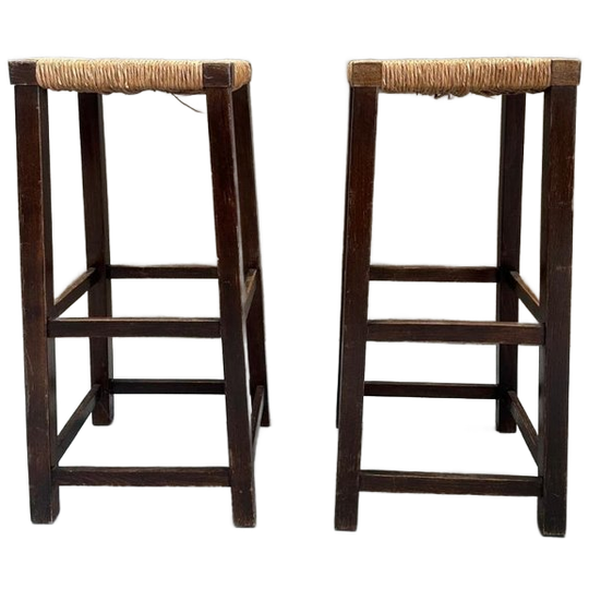 Set Vintage Barkrukken Eikenhout Met Rieten Zitting 1