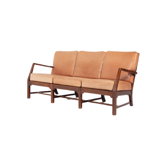 Mid-century Danish Modern 3-seats Sofa With Cognac Leather Cushions 1