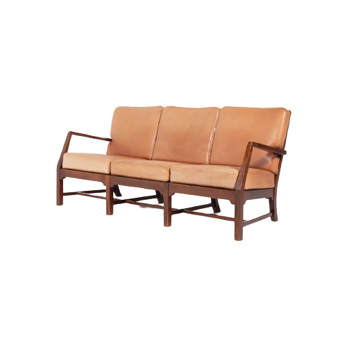 Mid-Century Danish Modern 3-Seats Sofa With Cognac Leather Cushions