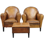 Luxe, Tijdloze Schapenleren Set Bestaande Uit 2 Fauteuils En Een Hocker In Art Deco Stijl thumbnail 1