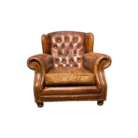 Stoere Industriële Vintage Cognac Chesterfield Lounge Fauteuil 1