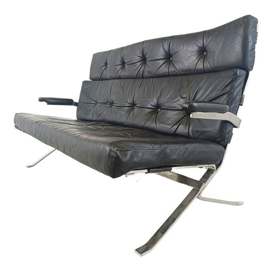 Vintage Black Leather And Chrome Sofa, 1970s 1