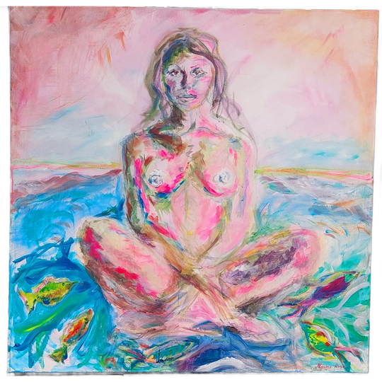 Origineel Acrylschilderij Impressionisme Expressionisme Blauw, Groen, Roze Schilderij 1