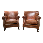 2 X Stoere Industriële Chesterfield Tub / Club Fauteuils In Generfd Vintage Cognac Leder Hampshir thumbnail 1