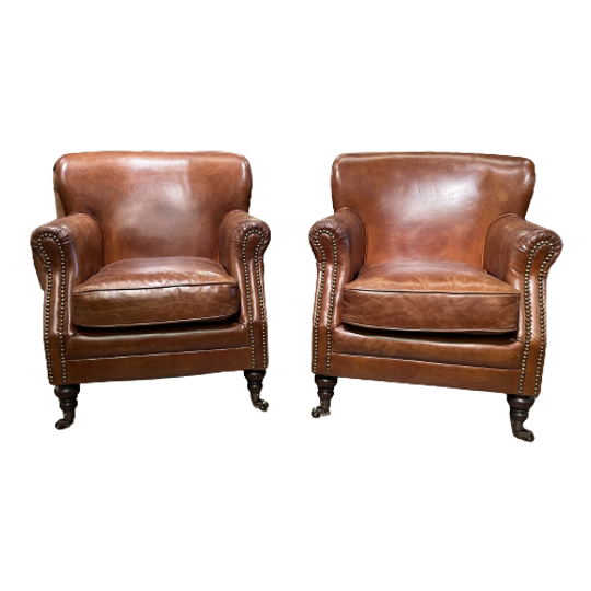 2 X Stoere Industriële Chesterfield Tub / Club Fauteuils In Generfd Vintage Cognac Leder Hampshir 1