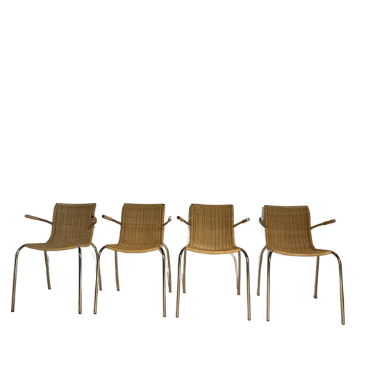 Set Van 4 Rothan Stoelen - Rotan En Chroom Vintage Artdeco 1