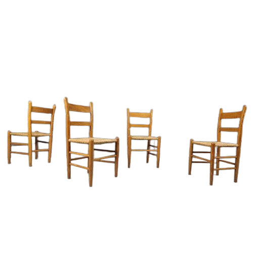 Mid Century Oak And Wicker Dining Chairs, Set Of 4 - 1970s 1
