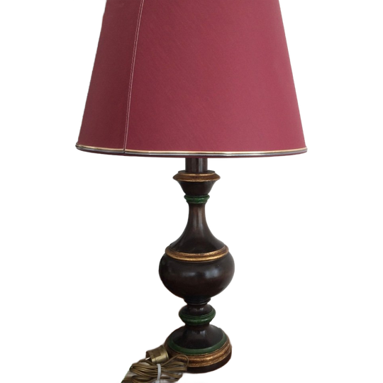 Zeldzame Vintage Houten Voet Tafellamp In Bruin, Goud En Groen 1