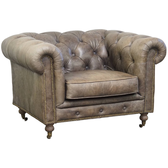 Unieke En Ruime Grijze Rundleren Chesterfield Clubfauteuil In Engelse Stijl Op Wieltjes 1
