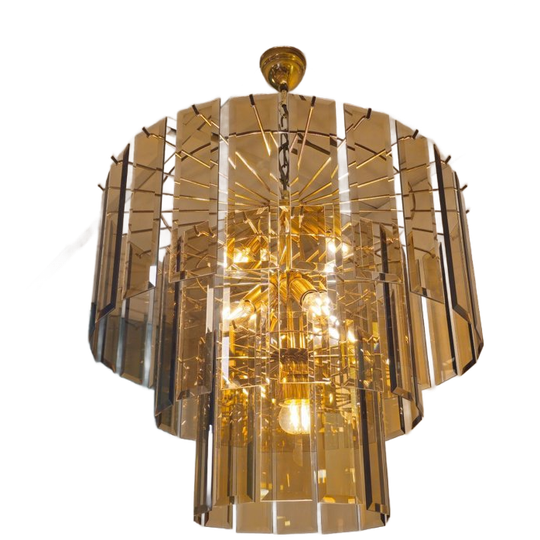 Vintage Rookglazen Kroonluchter Hanglamp Lamp Messing Rookglas 1