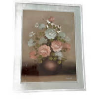 Vintage Aquarel Prent Pastelkleuren Schilderij Stilleven Prent, Bloemen In Vaas Ingelijst