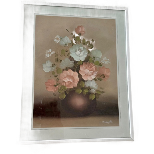 Vintage Aquarel Prent Pastelkleuren Schilderij Stilleven Prent, Bloemen In Vaas Ingelijst 1