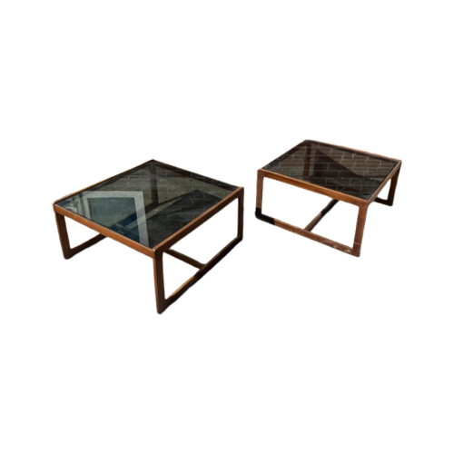 2 Vintage Wenge Tafels Met Rookglas