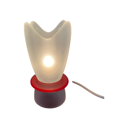Vintage Tafellamp, Glazen Lamp In Twee Kleuren Wit En Rood Mat Glas. Tulp Lamp