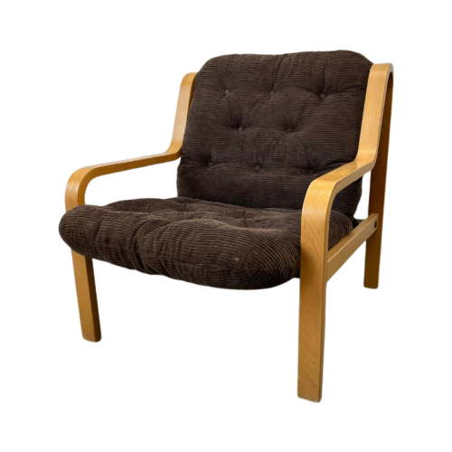 Vintage Zweedse Fauteuil Hout - Bruin Corduroy Midcentury 2X