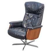 Vintage Recliner Lounge Chair Zwart Leer Teak Fauteuil Leder