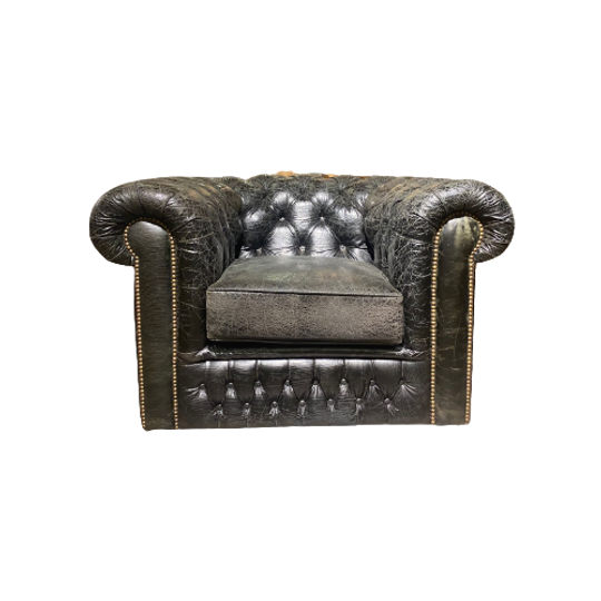 Stoere Engelse Chesterfield Vintage Club Fauteuil Zwart Generfd Leer 1