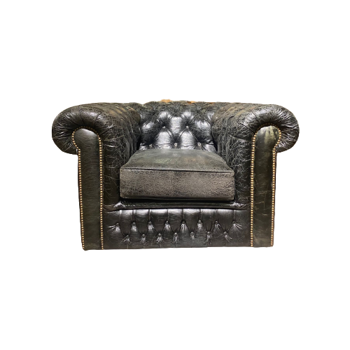 Stoere Engelse Chesterfield Vintage Club Fauteuil Zwart Generfd Leer