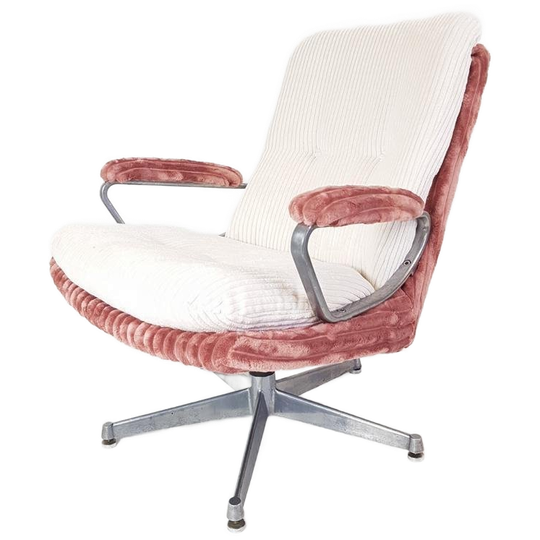 Vintage Strassle Fauteuil Roze Crème Ribstof Nieuw Draaibaar 1
