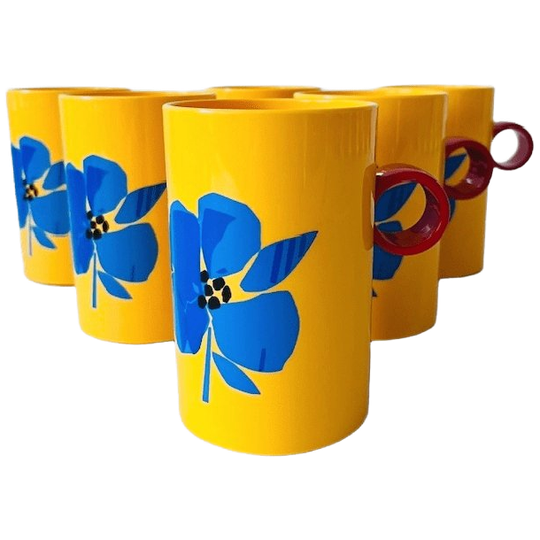 Set Kunststof Bekers Coppia Geel Blauw Bloemen 1980’s 1