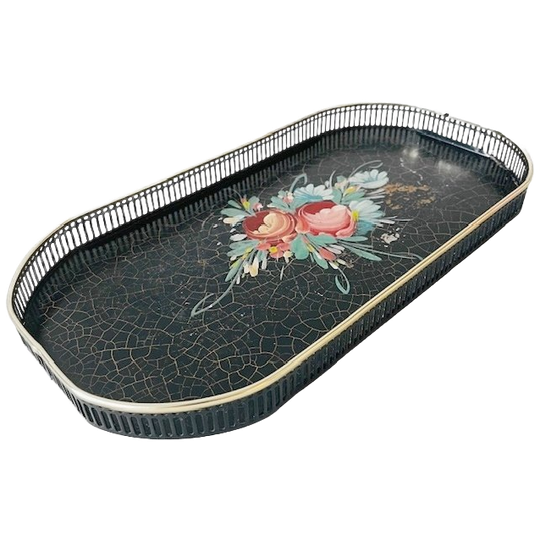 Vintage Italiaans Handbeschilderd Dienblad Bloemen Metaal 1950’s 1